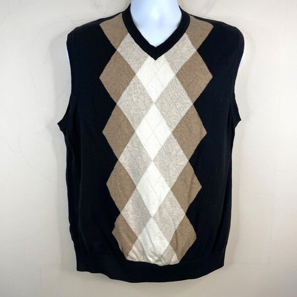 Vintage Men Argyle Sweater Vest Sz L Black Tan Old Money Academia Preppy Neutral - Picture 1 of 10